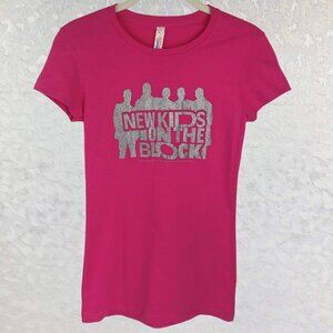 New Kids on the Block NKOTB Pink Boy Band Tee with Silver Glitter Graphic Size S